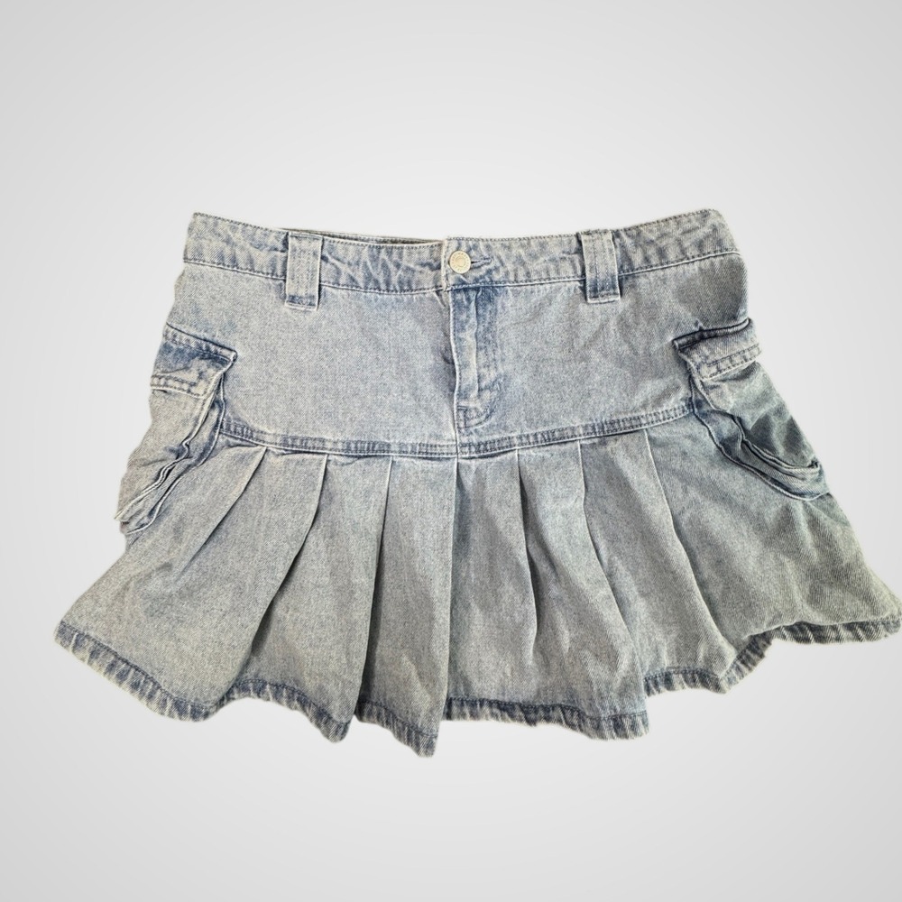Forever 21 Light Wash Denim Cargo Pleated Mini Skirt Y2K Skater Skort Large - Picture 1 of 6